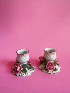 Vintage Antique German Porcelain Floral Candle Holders with Pink Roses